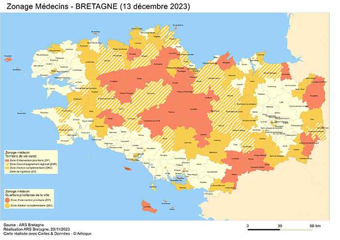 Carte zonage médecins ARS Bretagne 2023